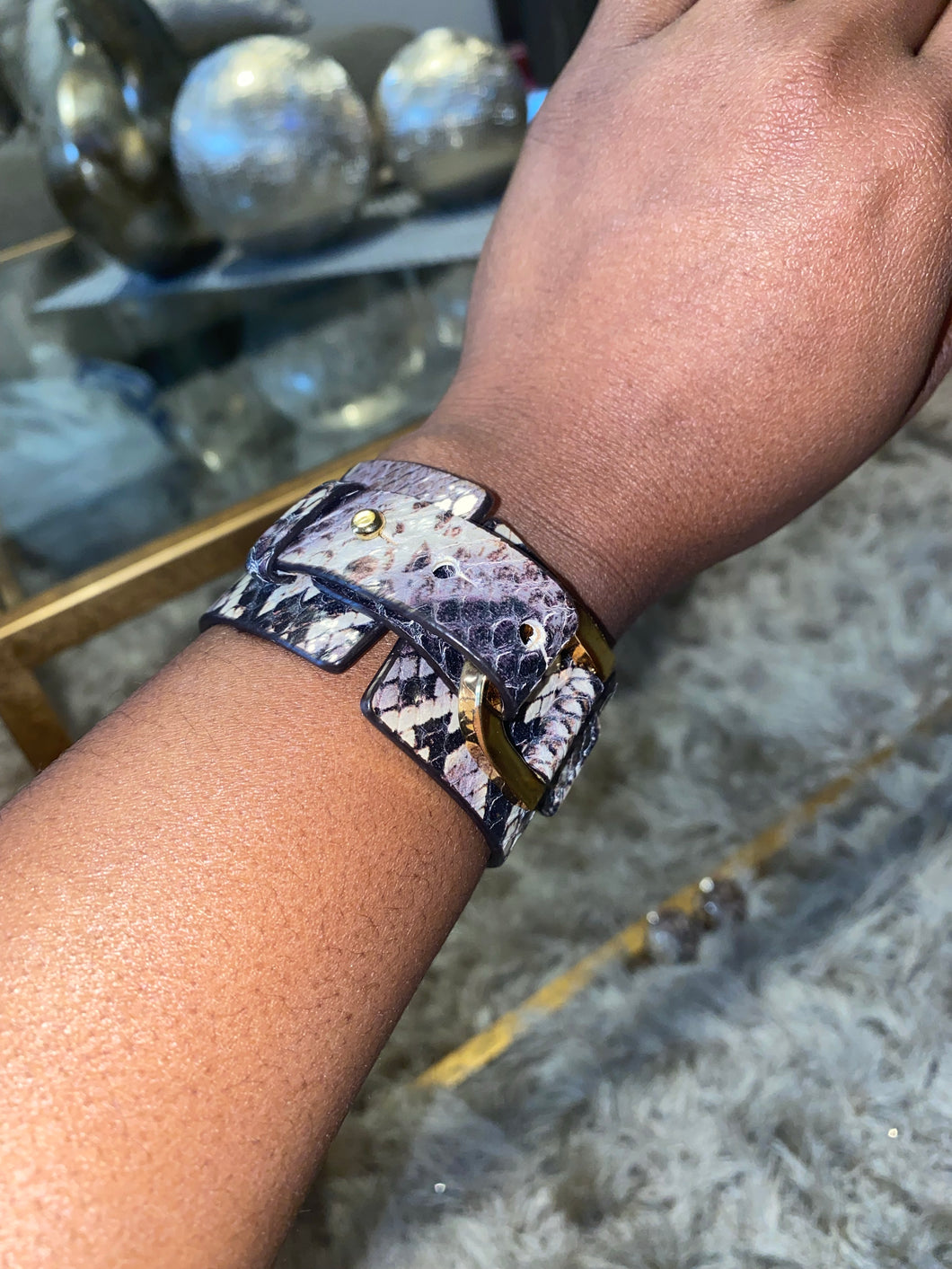 Snake print strap bracelet w/ gold trim